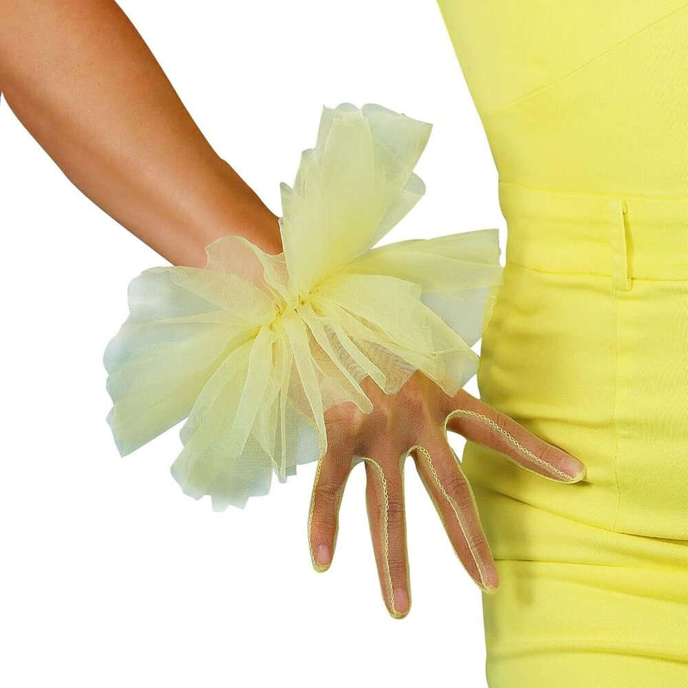 Women's Fashion Yellow Ruffle Tulle Clown Puffy Cuffs Wrist Gloves Evening Party